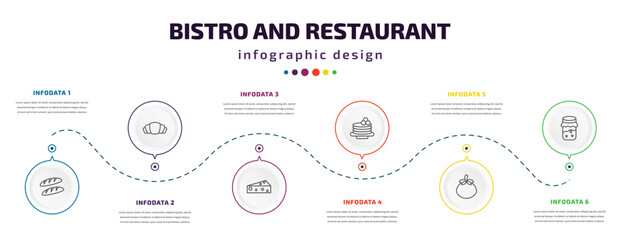 Fototapeta na wymiar bistro and restaurant infographic element with icons and 6 step or option. bistro and restaurant icons such as load of bread, bakery croissant, piece of cheese, crepe cream, fresh tomato, jar full