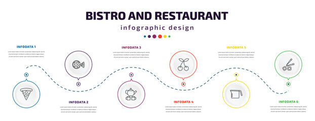 bistro and restaurant infographic element with icons and 6 step or option. bistro and restaurant icons such as pepperoni pizza slice, pepperoni pizza, tea, two cherries, measurement jar, sushi piece