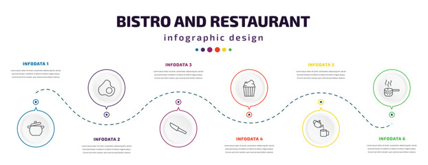 bistro and restaurant infographic element with icons and 6 step or option. bistro and restaurant icons such as pot with cover, restaurant fried egg, big knife, cupcake with cream, pouring coffe,