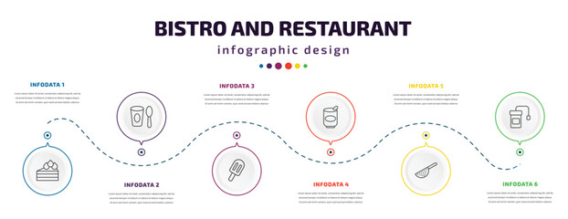 bistro and restaurant infographic element with icons and 6 step or option. bistro and restaurant icons such as cut cake piece, yogurt with spoon, ice pop, mermelade tin, strainer with handle,