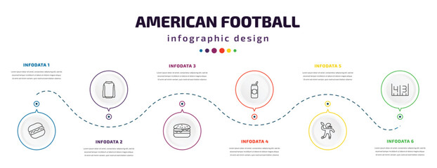american football infographic element with icons and 6 step or option. american football icons such as hot dog, hoodie, hamburger, can of beer, football player, yard marking vector. can be used for