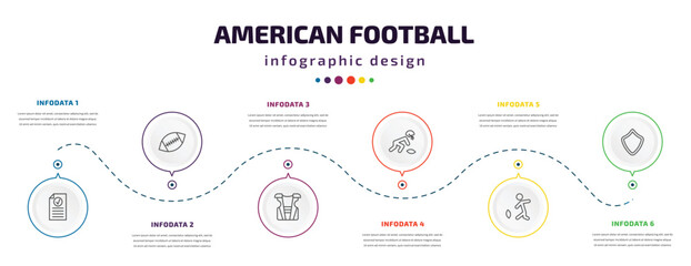 american football infographic element with icons and 6 step or option. american football icons such as results, american football, shoulder pad, picking the ball, kicking the ball, shield vector.
