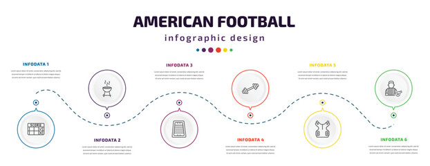 american football infographic element with icons and 6 step or option. american football icons such as score, with wheels, football field, barbell, padded shirt, referee vector. can be used for