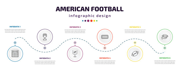 american football infographic element with icons and 6 step or option. american football icons such as calendar, american football cup, goal, mark, ball, hand holding the ball vector. can be used