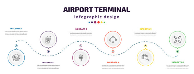 airport terminal infographic element with icons and 6 step or option. airport terminal icons such as big backpack, two plane tickets, airport tower, headphones, luggage inspection, lifeboat vector.