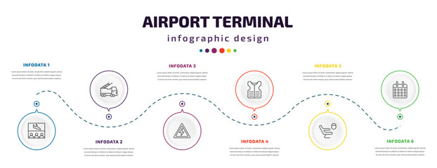 airport terminal infographic element with icons and 6 step or option. airport terminal icons such as waiting for flight, emergency truck, high voltage, lifesaver best, airplane seat, week calendar