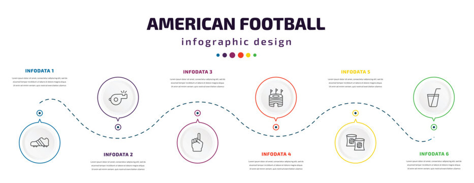 american football infographic element with icons and 6 step or option. american football icons such as cleats, whistle, foam finger, stadium cylinder, gaiters, soda drink vector. can be used for