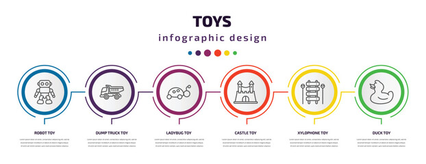 toys infographic template with icons and 6 step or option. toys icons such as robot toy, dump truck toy, ladybug toy, castle xylophone duck vector. can be used for banner, info graph, web,