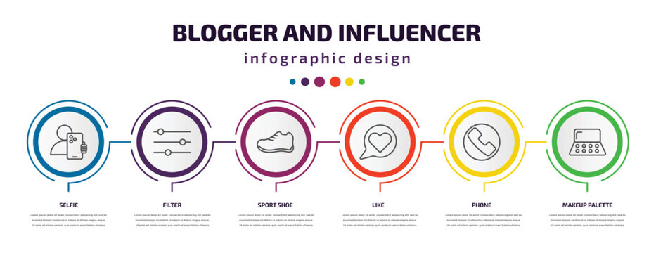 blogger and influencer infographic template with icons and 6 step or option. blogger and influencer icons such as selfie, filter, sport shoe, like, phone, makeup palette vector. can be used for