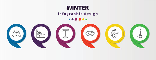 winter infographic template with icons and 6 step or option. winter icons such as fur coat, avalanche, electric heater, snow goggle, snowman, winter shovel vector. can be used for banner, info