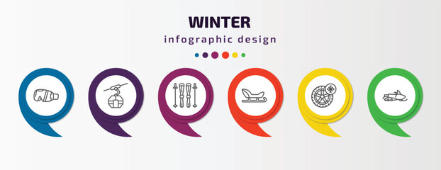 winter infographic template with icons and 6 step or option. winter icons such as goggles, cable car cabin, ski equiptment, sledge, winter tire, snowmobile vector. can be used for banner, info