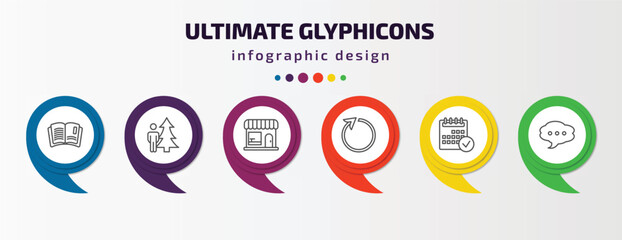 ultimate glyphicons infographic template with icons and 6 step or option. ultimate glyphicons icons such as reading, man and tree, groceries shop, reload arrow, calendar checked, message balloon