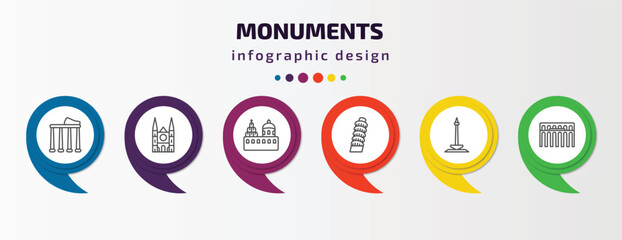 monuments infographic template with icons and 6 step or option. monuments icons such as temple of apollo, chartres cathedral, blue domed churches, tower of pisa, national monument monas, segovia