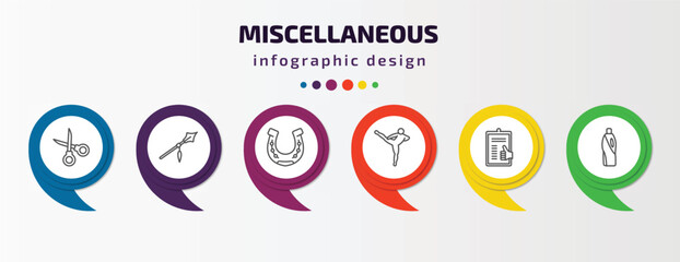 miscellaneous infographic template with icons and 6 step or option. miscellaneous icons such as scissor, spears, horseshoes, muay thai, enlist, detergen vector. can be used for banner, info graph,