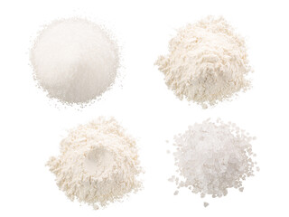 Salt, sugar and flour in piles isolated png, top view - obrazy, fototapety, plakaty