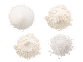 Salt, sugar and flour in piles isolated png, top view