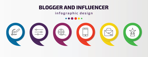 blogger and influencer infographic template with icons and 6 step or option. blogger and influencer icons such as blog, filter, film reel, mobile, work, fame vector. can be used for banner, info
