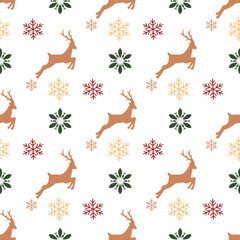 Seamless winter deer and snowflakes.Festive colors. Ideal for printing on fabric and paper, decorating postcards. Winter background for Christmas and New Year design.