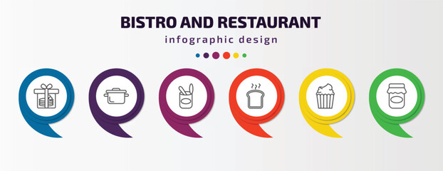 bistro and restaurant infographic template with icons and 6 step or option. bistro and restaurant icons such as cake box, bistro pot, open tin with spoon, toasted bread, cupcake with cream,