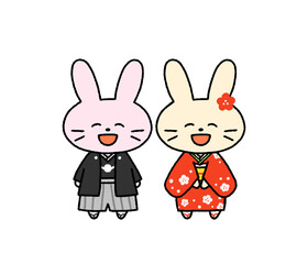 和服を着て微笑む2羽のウサギ