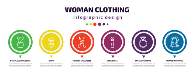 woman clothing infographic element with icons and 6 step or option. woman clothing icons such as strapless tube dress, bikini, childish eyeglasses, long dress, engagement ring, female with long hair