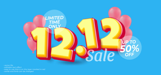 12.12 flash sale discount text number 3d comic and cartoon style editable text effect