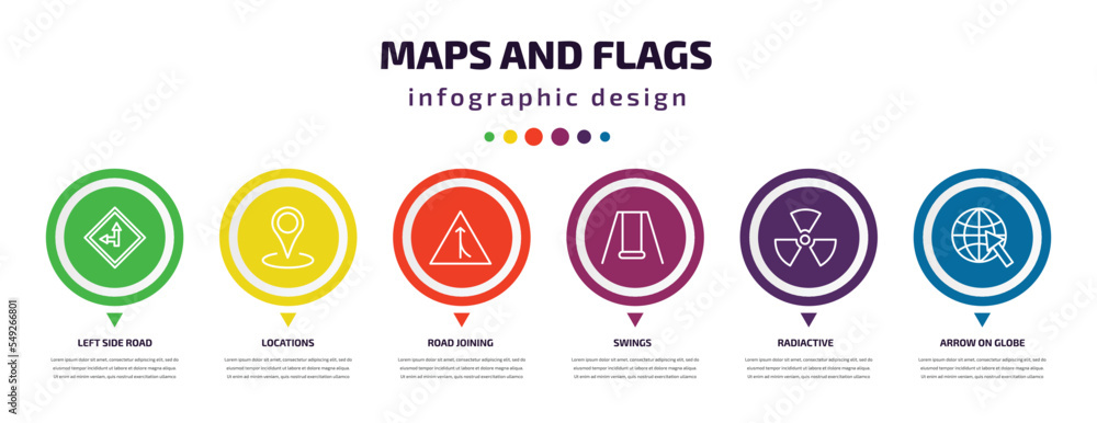Aufkleber maps and flags infographic element with icons and 6 step or option. maps and flags icons such as lef