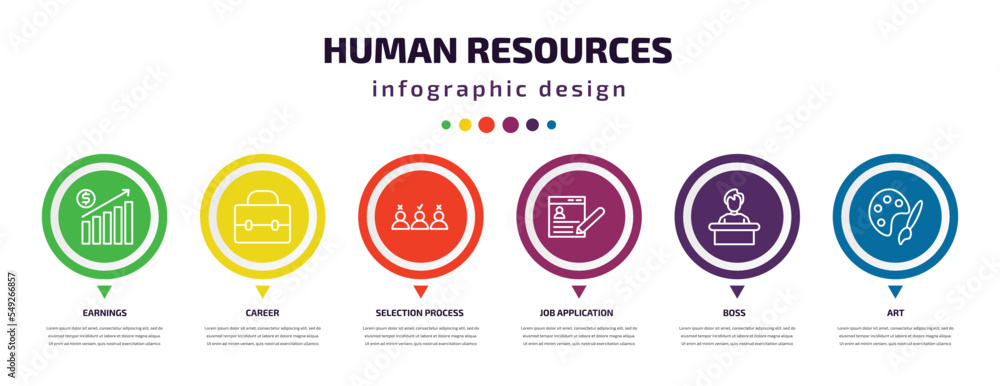 Poster human resources infographic element with icons and 6 step or option. human resources icons such as e