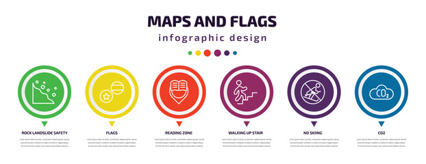 maps and flags infographic element with icons and 6 step or option. maps and flags icons such as rock landslide safety, flags, reading zone, walking up stair, no skiing, co2 vector. can be used for