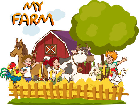 happy children and farm animals.Children in farm scene with animals illustration