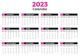Calendar 2023 template, Planner 2023 year, Wall calendar 2023 template, Week Starts Monday, Set of 12 calendar, advertisement, printing, organization and business, stationery, simple minimal. calendar