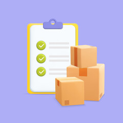 3d vector parcel stack package boxes with check list clipboard banner for logistic delivery service web icon