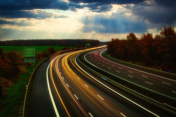 Langzeitbelichtung - Autobahn - Strasse - Traffic - Travel - Background - Line - Ecology - Highway - Night Traffic - Long Exposure - Cars Speeding - Lights - Sunset - High quality photo