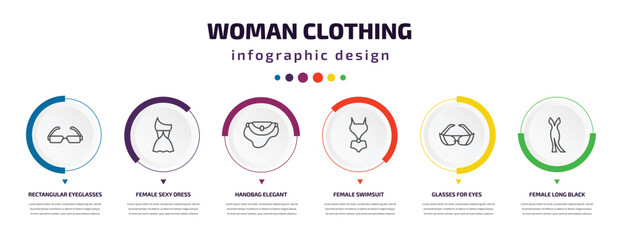 woman clothing infographic element with icons and 6 step or option. woman clothing icons such as rectangular eyeglasses, female sexy dress, handbag elegant, female swimsuit, glasses for eyes, female