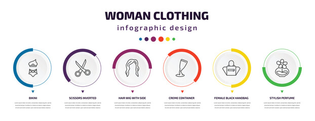 woman clothing infographic element with icons and 6 step or option. woman clothing icons such as bikini, scissors inverted view, hair wig with side, creme container black, female black handbag,