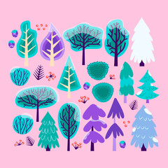 Pink Winter Christmas Tree Set. Vector Illustration of Nature Plants and Bushes.