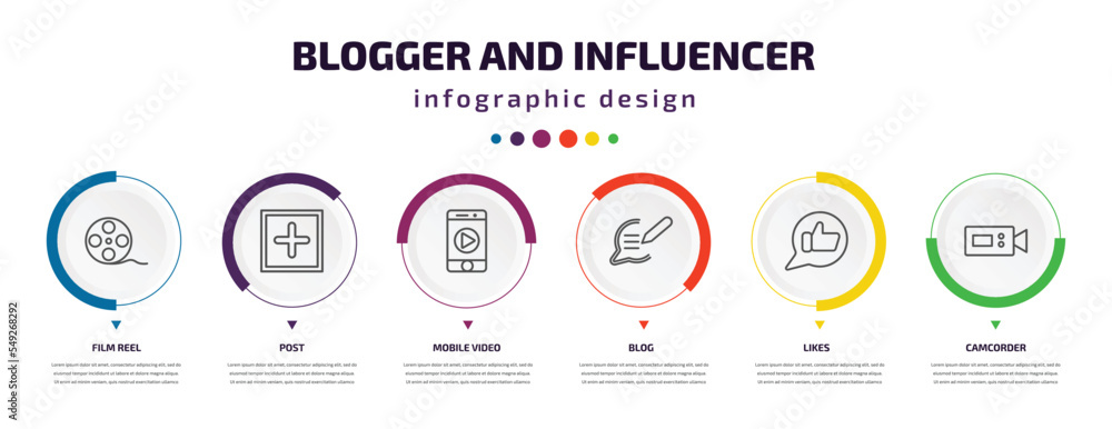 Wall mural blogger and influencer infographic element with icons and 6 step or option. blogger and influencer i