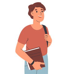 Cheerful high school student. Male college student carrying books, smiling guy standing alone isolated flat vector illustration on white background