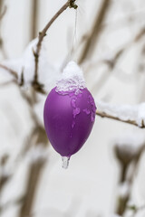 Closeup of plastic easter egg covered by snow