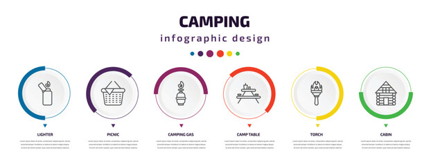 camping infographic element with icons and 6 step or option. camping icons such as lighter, picnic, camping gas, camp table, torch, cabin vector. can be used for banner, info graph, web,