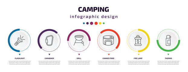 camping infographic element with icons and 6 step or option. camping icons such as flashlight, carabiner, grill, canned food, fire lamp, thermo vector. can be used for banner, info graph, web,