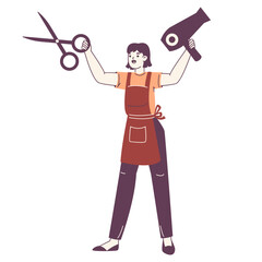 Hairdresser holding huge hair dryer and scissors. Barbershop worker wearing professional uniform flat vector illustration on white background