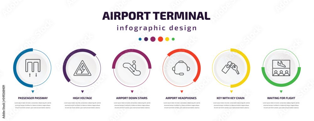 Poster airport terminal infographic element with icons and 6 step or option. airport terminal icons such as
