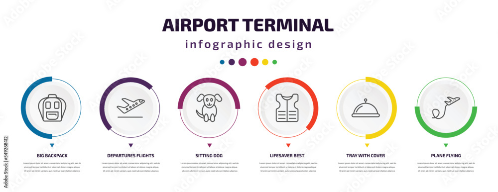 Poster airport terminal infographic element with icons and 6 step or option. airport terminal icons such as