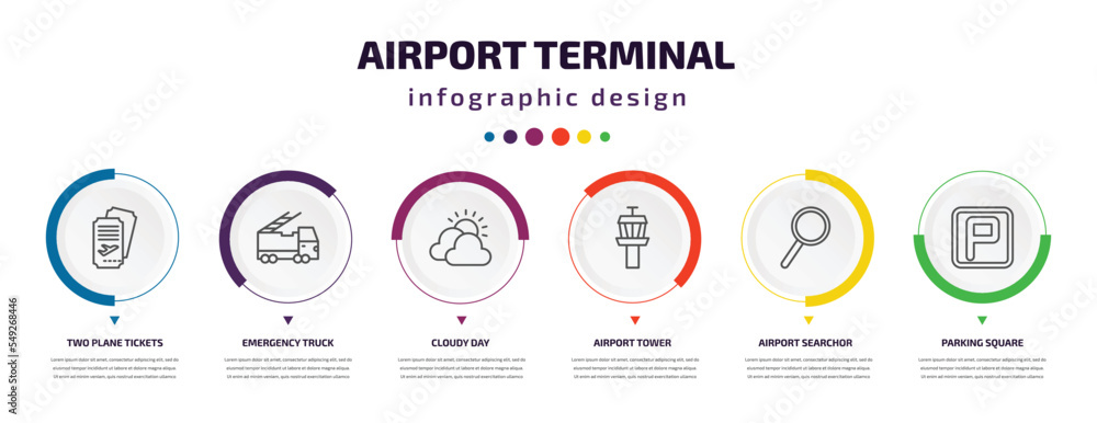 Poster airport terminal infographic element with icons and 6 step or option. airport terminal icons such as