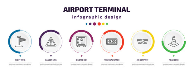 airport terminal infographic element with icons and 6 step or option. airport terminal icons such as right wing, danger sing, big safe box, terminal watch, air company, road cone vector. can be used