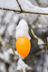 Closeup of plastic easter egg covered by snow