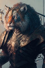 Fototapeta na wymiar Portrait of Humanoid lion warrior. fantasy scenery. concept art.