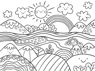 Cute cartoon meadow with mountains, fields and river. Kids coloring page.