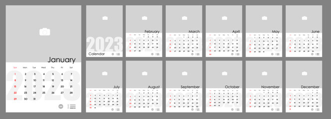 Wall Monthly Photo Calendar 2023. Simple monthly vertical photo calendar Layout for 2023 year in English. Cover Calendar, 12 monthes templates. Week starts from Sunday. Vector illustration